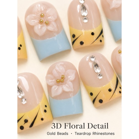 Fresh Garden Short‑Square Press‑On Nails, Yellow‑Blue Contrast Polka‑Dot French False Nails with 3D Flowers, Teardrop Rhinestones & Gold Beads
